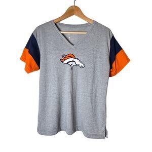 DENVER BRONCOS + NFL Gray Orange Blue Women's V-Neck Form Fitting T-Shirt SZ M